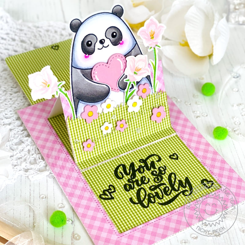 Sunny Studio You're So Lovely Big Panda Pink Gingham Interactive Pop-up Card using Lovey Dovey Clear Sentiment Craft Stamps