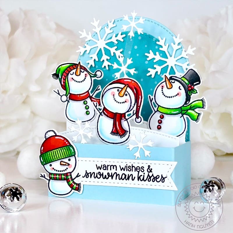 Sunny Studio Warm Wishes Snowmen Handmade Winter Holiday Pop-up Box Christmas Card using Snowman Kisses Clear Craft Stamps