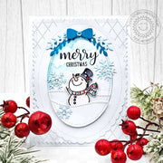 Sunny Studio Snowman Looking Up to Sky White Scalloped Oval Holiday Christmas Card using Snowman Kisses Clear Craft Stamps