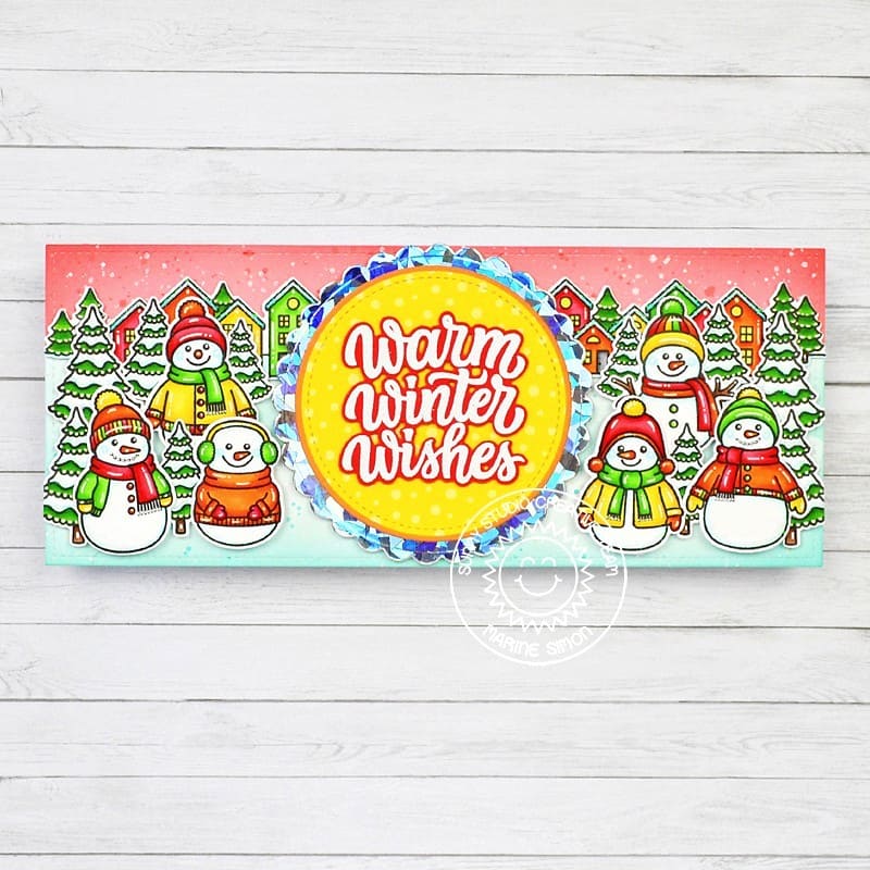 Sunny Studio Snowman Warm Winter Wishes Yellow Slimline Christmas Holiday Card using Snowmen in Sweaters Clear Craft Stamps