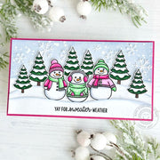 Sunny Studio Yay for Sweater Weather Snowman Slimline Holiday Christmas Card using Snowmen in Sweaters Clear Craft Stamps