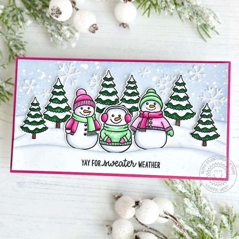 Sunny Studio Yay for Sweater Weather Snowman Slimline Holiday Christmas Card using Snowmen in Sweaters Clear Craft Stamps