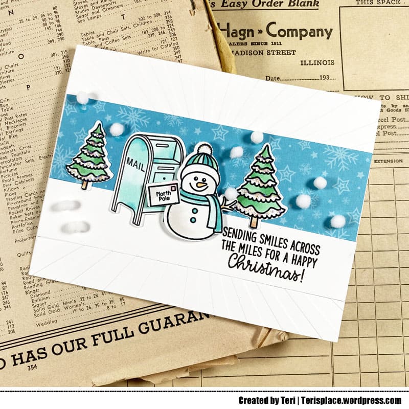 Sunny Studio Snowman with Mailbox Smiles Across the Miles Holiday Christmas Card using Snowmen in Sweaters Clear Craft Stamps