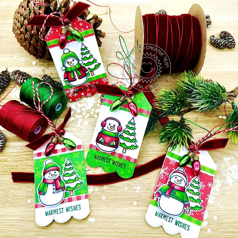 Sunny Studio Stamps Snowman Snowmen Red & Green Christmas Holiday Gift Tags using Mini Mat & Tag 4 Metal Cutting Craft Dies