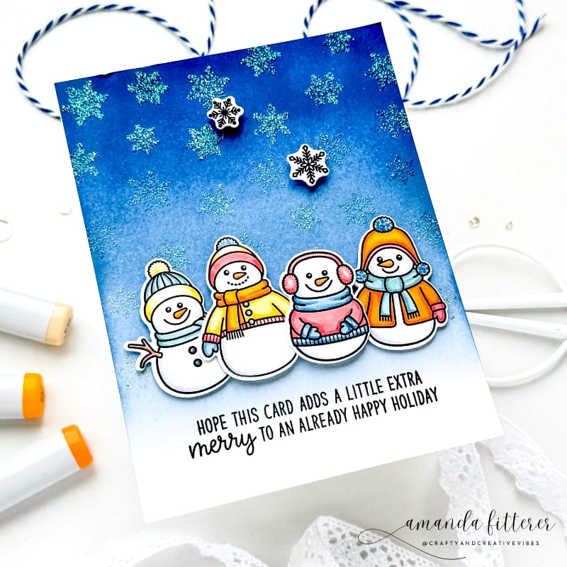 Sunny Studio Blue & White Snowman & Snowflakes Winter Holiday Christmas Card using Snowmen in Sweaters Clear Craft Stamps
