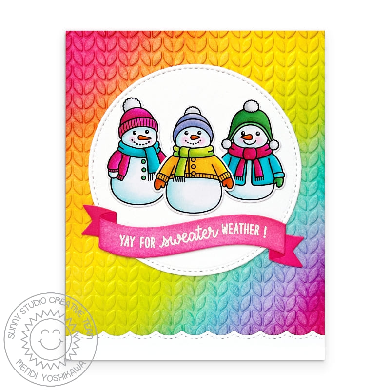 Sunny Studio Stamps Snowmen in Colorful Sweaters Cable Knit Holiday Christmas Card using Brilliant Banner 3 Metal Craft Die