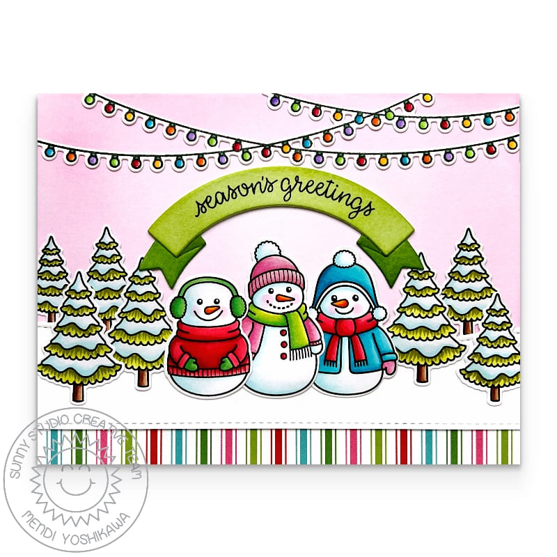 Sunny Studio Stamps Snowmen with Holiday Lights Christmas Card using Brilliant Banner 4 Curved Metal Cutting Craft Dies