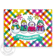 Sunny Studio Colorful Gingham Snowman Sweater Weather Holiday Christmas Card using Snowmen in Sweaters Clear Craft Stamps