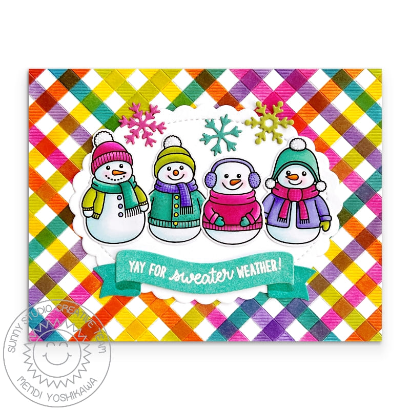 Sunny Studio Colorful Gingham Snowman Sweater Weather Holiday Christmas Card using Snowmen in Sweaters Clear Craft Stamps