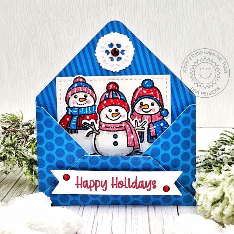Sunny Studio Happy Holidays Snowman In Blue Polka-dot Envelope Winter Christmas Card using Snowmen in Sweaters Clear Stamps