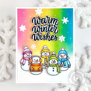 Sunny Studio Warm Winter Wishes Rainbow Snowman Snowflake Holiday Christmas Card using Snowmen in Sweaters Clear Craft Stamps