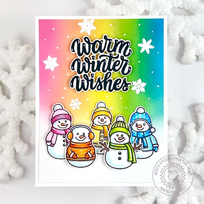 Sunny Studio Warm Winter Wishes Rainbow Snowman Snowflake Holiday Christmas Card using Snowmen in Sweaters Clear Craft Stamps