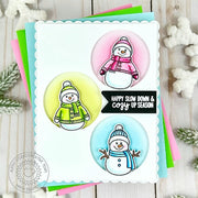 Sunny Studio Winter Snowman in Colorful Pastel Circles Holiday Card using Snowmen in Sweaters Clear Craft Stamps