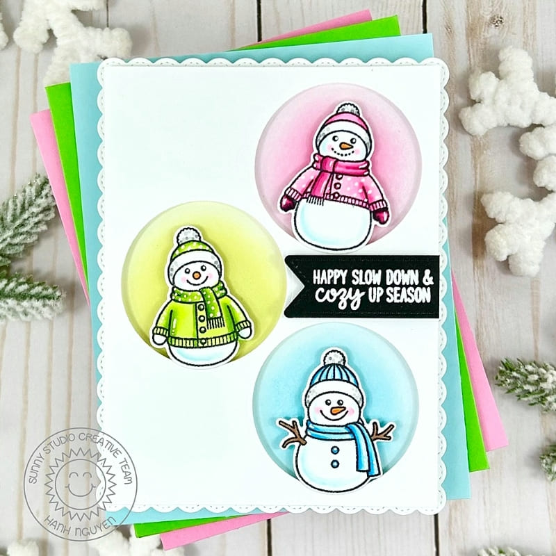 Sunny Studio Winter Snowman in Colorful Pastel Circles Holiday Card using Snowmen in Sweaters Clear Craft Stamps