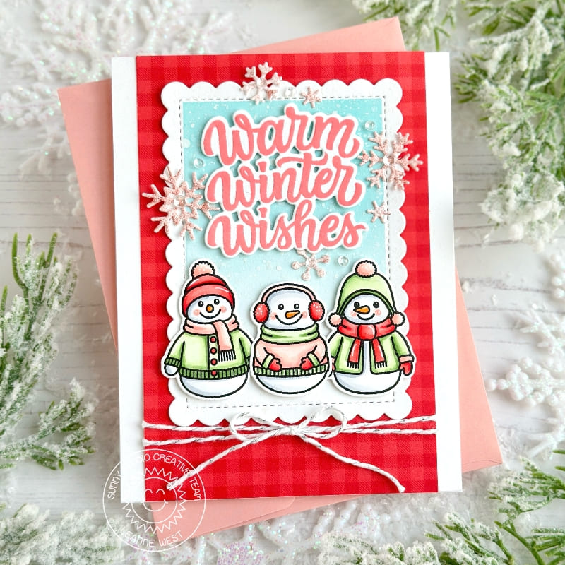 Sunny Studio Snowman Warm Winter Wishes Red Gingham Holiday Christmas Card using Snowmen in Sweaters Clear Craft Stamps