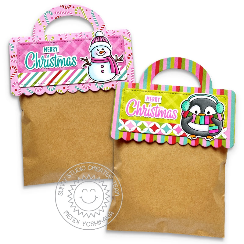 Sunny Studio Stamps Penguin & Snowman Merry Christmas Holiday Gifts Treat Bag Toppers using All Is Bright 6x6 Paper Pads Pack