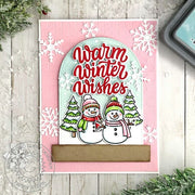 Sunny Studio Snowman with Glass Cloche Snowglobe Dome Holiday Christmas Card using Snowmen in Sweaters Clear Craft Stamps