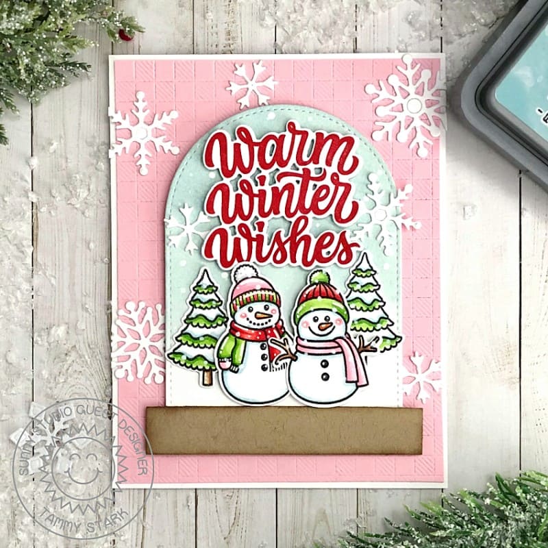 Sunny Studio Snowman with Glass Cloche Snowglobe Dome Holiday Christmas Card using Snowmen in Sweaters Clear Craft Stamps