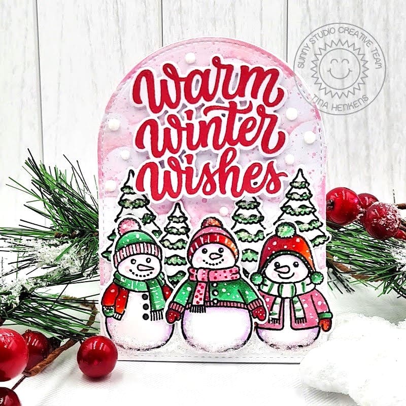 Sunny Studio Snowman Warm Winter Wishes Curved Arch Holiday Christmas Card using Snowmen in Sweaters Clear Craft Stamps