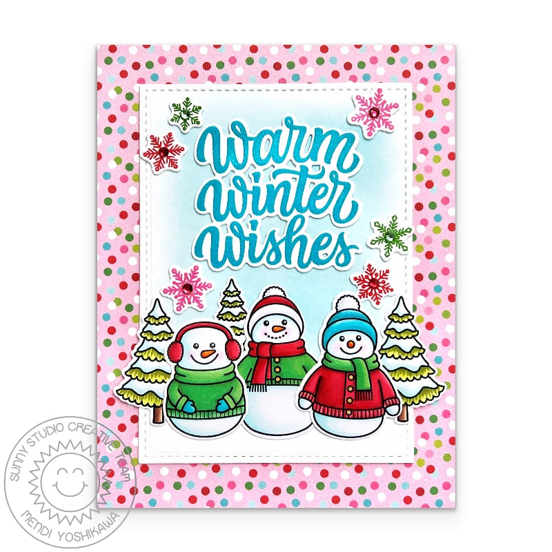 Sunny Studio Warm Winter Wishes Colorful Polka-dot Snowman Holiday Christmas Card using Snowmen in Sweaters Clear Craft Stamp