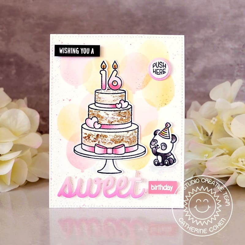Sunny Studio Sweet 16 Gold Leaf Birthday Cake with Light-up Candles & Panda Bear Card (using Special Day 4x6 Clear Stamps)