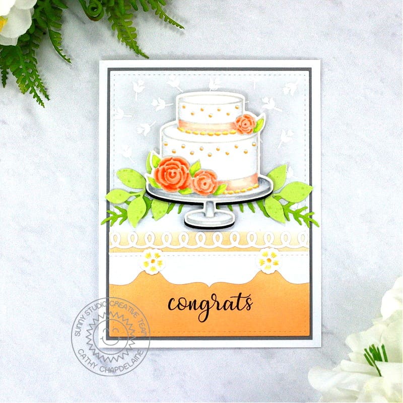 Sunny Studio Peach & Green Floral Wedding Cake Congrats Bridal Card (using Special Day 4x6 Clear Stamps)