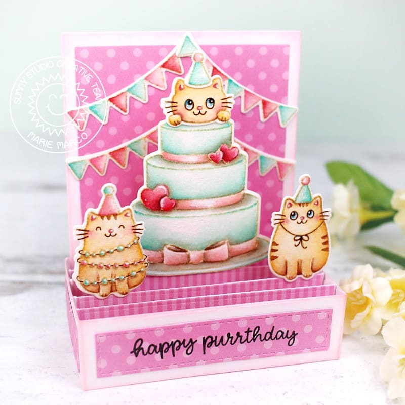 Sunny Studio Happy Purrthday Punny Cats with 3-Layer Cake Punny Birthday Pop-up Box Card using Special Day 4x6 Clear Stamps