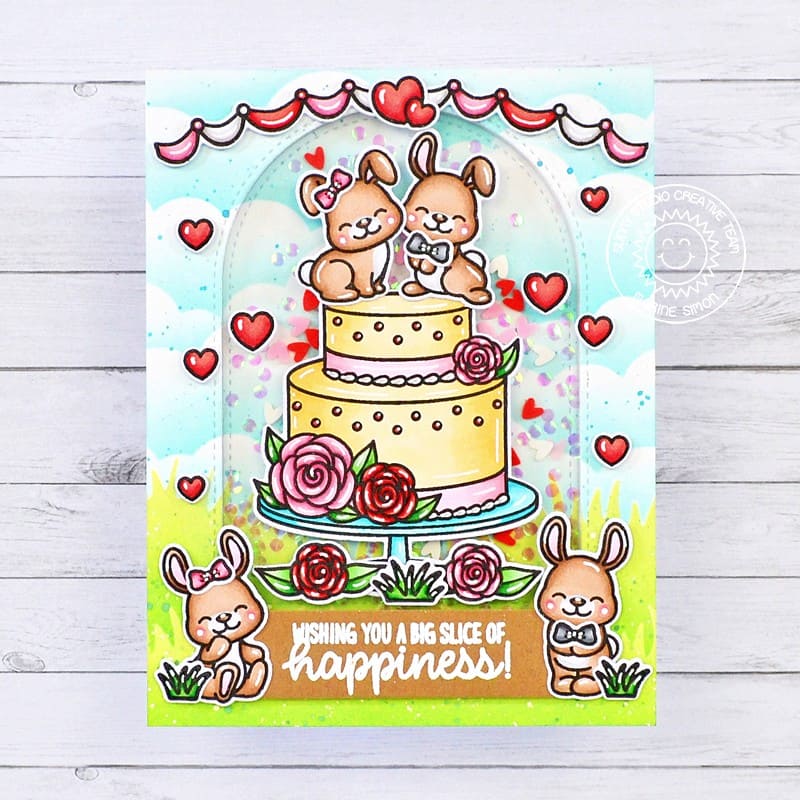 Sunny Studio Bunny Rabbit Bride & Groom on Wedding Cake Slice of Happiness Card (using Special Day 4x6 Clear Stamps)