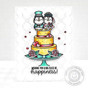 Sunny Studio Penguin Bride & Groom on Wedding Cake Slice of Happiness Scalloped Card (using Special Day 4x6 Clear Stamps)