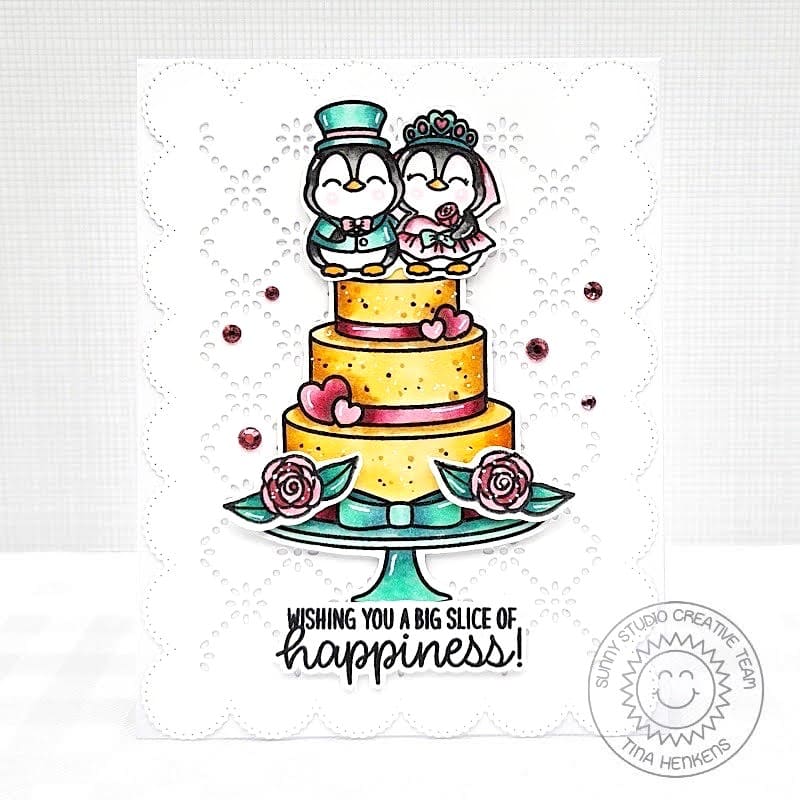 Sunny Studio Penguin Bride & Groom on Wedding Cake Slice of Happiness Scalloped Card (using Wedded Bliss 2x3 Clear Stamps)