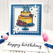 Sunny Studio 70th Birthday Three-Tier Cake Scalloped Square Easel Card using Special Day 4x6 Clear Photopolymer Stamps