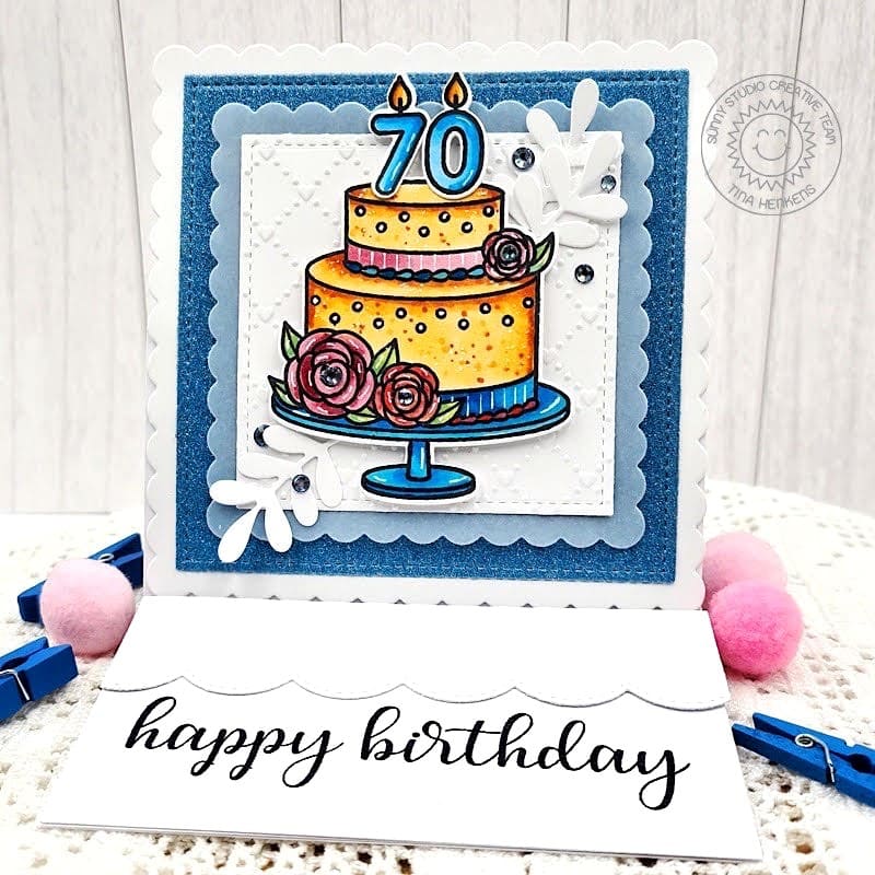 Sunny Studio 70th Birthday Three-Tier Cake Scalloped Square Easel Card using Special Day 4x6 Clear Photopolymer Stamps