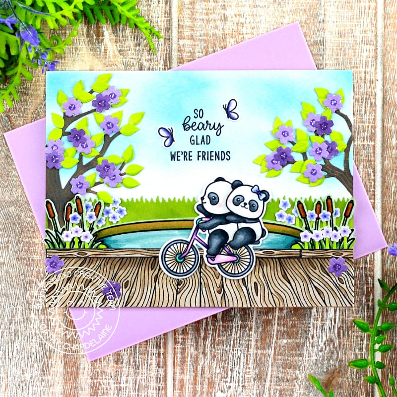 Sunny Studio Stamps Pandas Riding Tandem Bike at Lake Boardwalk Friendship Card using Autumn Tree Metal Cutting Craft Die