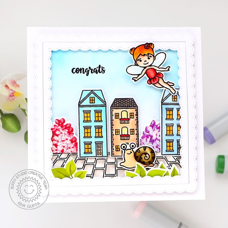 Sunny Studio Snail & Fairy Scalloped Square Congrats Congratulations Card using Sprawling Surfaces Brick Border Clear Stamps