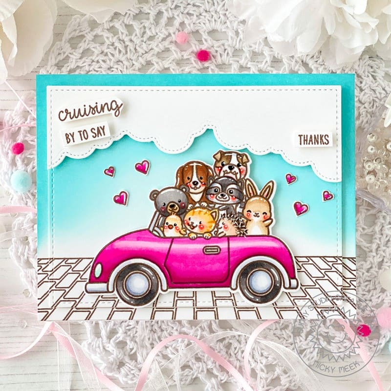 Sunny Studio Cruising By To Say Thanks Animals Piled in Hot Pink Car Card using Sprawling Surfaces Brick Border Clear Stamps