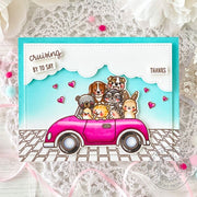 Sunny Studio Cruising By To Say Thanks Animals Piled in Hot Pink Car Thank You Card using Cruising Critters 3x4 Clear Stamps