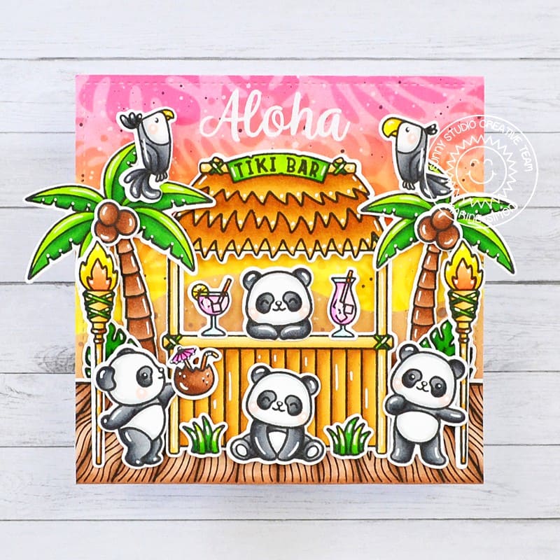 Sunny Studio Panda Bears with Tiki Bar on the Boardwalk at Sunset Summer Aloha Card using Panda Party 4x6 Clear Craft Stamps
