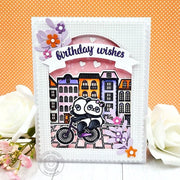 Sunny Studio Panda Bear Couple Riding Bicycle on Brick Road Birthday Card using Sprawling Surfaces Borders Clear Craft Stamps