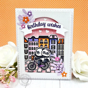 Sunny Studio Panda Bear Couple Riding Bicycle on Brick Road Birthday Card using Bighearted Bears 4x6 Clear Craft Stamps