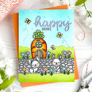 Sunny Studio Bunny Rabbits with Carrot House & Cobblestone Easter Card using Sprawling Surfaces Borders Clear Craft Stamps