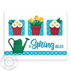 Sunny Studio Stamps Tulip Flowers, Daisies, Flowerpot, & Watering Can Hello Card using Spring Garden Metal Cutting Dies