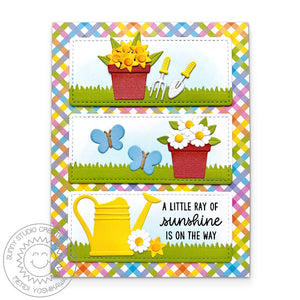 Sunny Studio Stamps Sunshine is On The Way Flowers, Watering Can & Butterflies Card using Mini Grass Border Metal Cutting Die