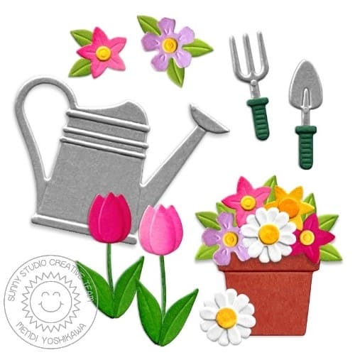 Sunny Studio Stamps Spring Garden Watering Can, Flowerpot, Shovel, Trowl & Flowers Metal Cutting Dies Example