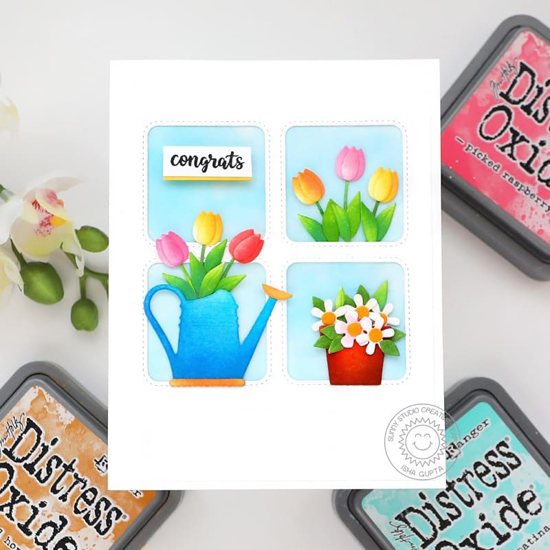 Sunny Studio Stamps Watering Can, Tulips & Flower Pots Square Grid Congrats Card using Spring Garden Metal Cutting Craft Dies