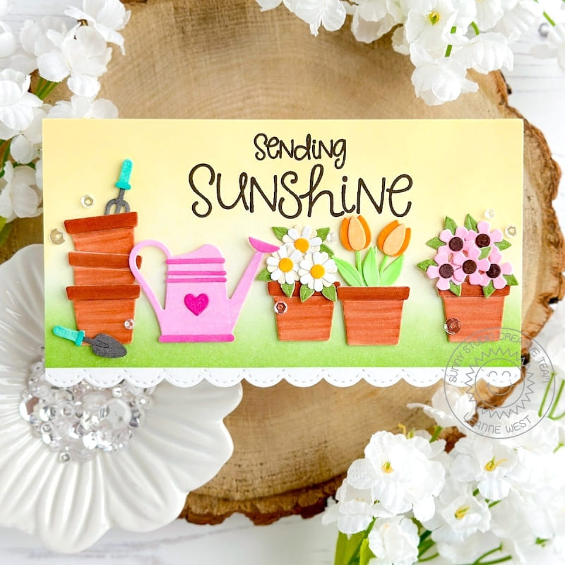 Sunny Studio Sending Sunshine Watering Can & Flower Pots Mini Slimline Spring Card using Sunny Sentiments Clear Craft Stamps