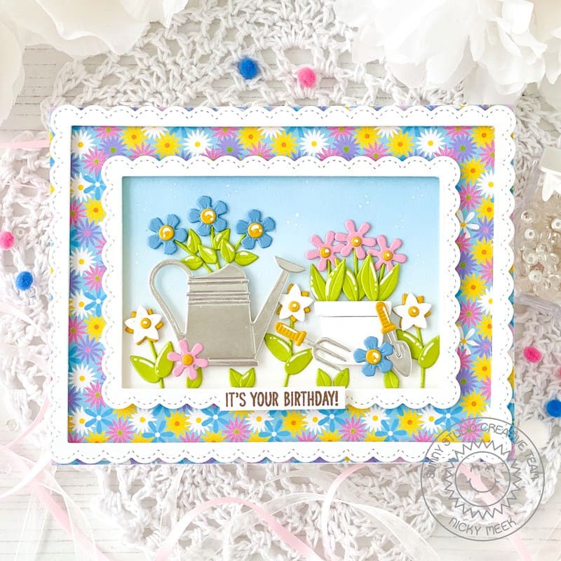 Sunny Studio Stamps Watering Can & Flower Pots Scalloped Birthday Card using Spring Garden Metal Cutting Craft Dies