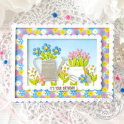 Sunny Studio Stamps Watering Can & Flower Pots Scalloped Birthday Card using Fancy Frames Rectangle Metal Cutting Craft Dies