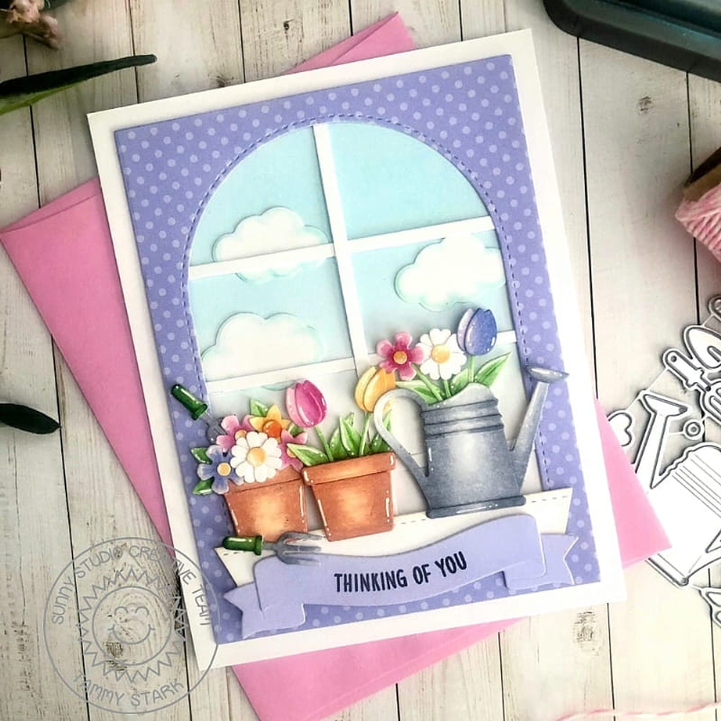 Sunny Studio Stamps Watering Can & Flower Pots Window Thinking Of You Card using Spring Garden Metal Cutting Craft Dies