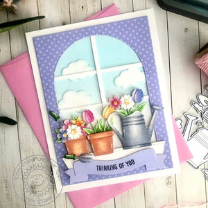 Sunny Studio Stamps Watering Can & Flower Pots Window Thinking Of You Card using Stitched Arch Metal Cutting Craft Dies