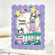 Sunny Studio Stamps Bunnies with Flower Pots, Tulips & Watering Can Easter Card using Picket Fence Metal Cutting Craft Dies